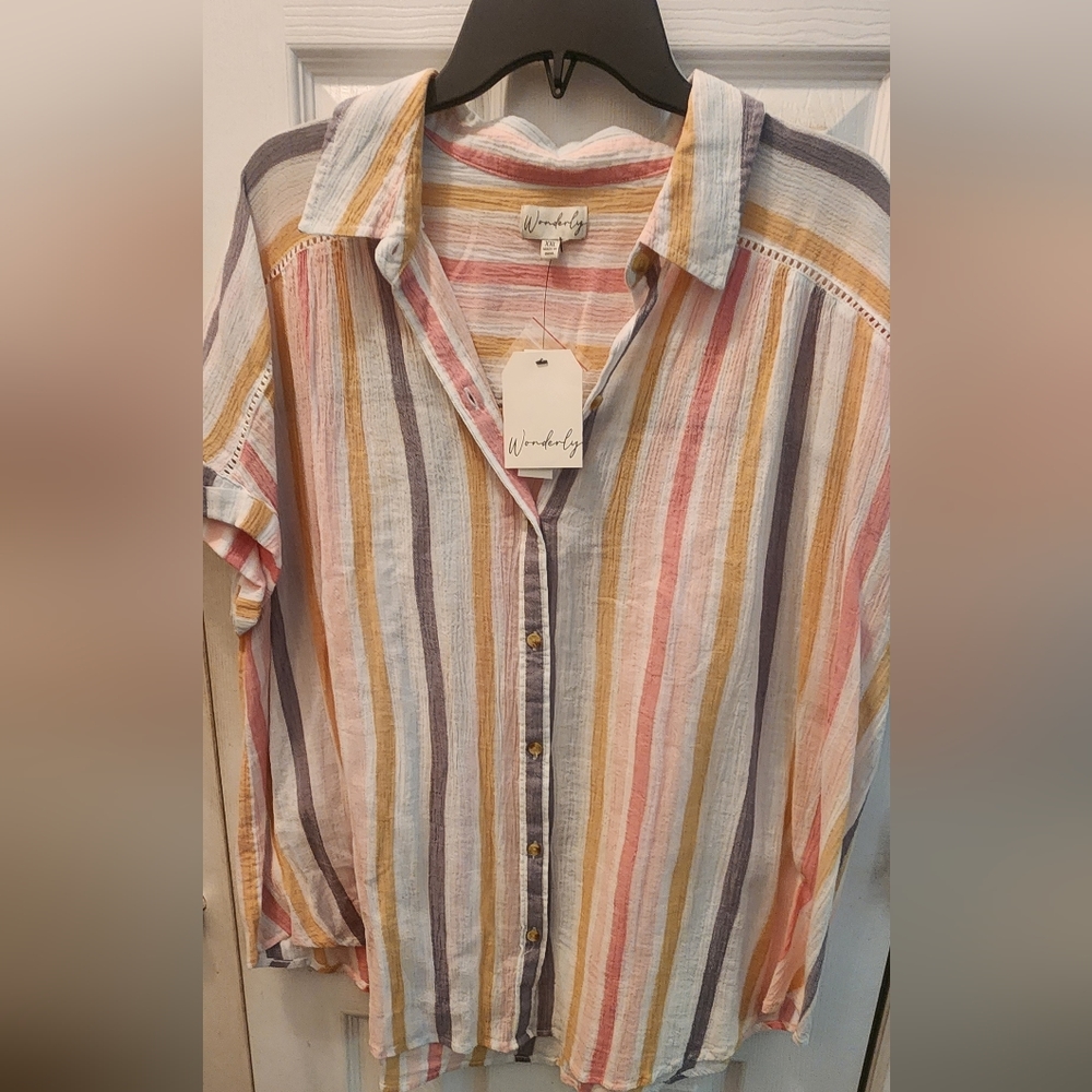 Wonderly Pastel Striped short sleeve blouse size 2xl